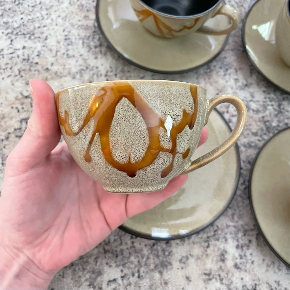 Pier 1 Imports Kioko Stoneware Tea Cups Set Hand‎ Painted Artsy Coffee